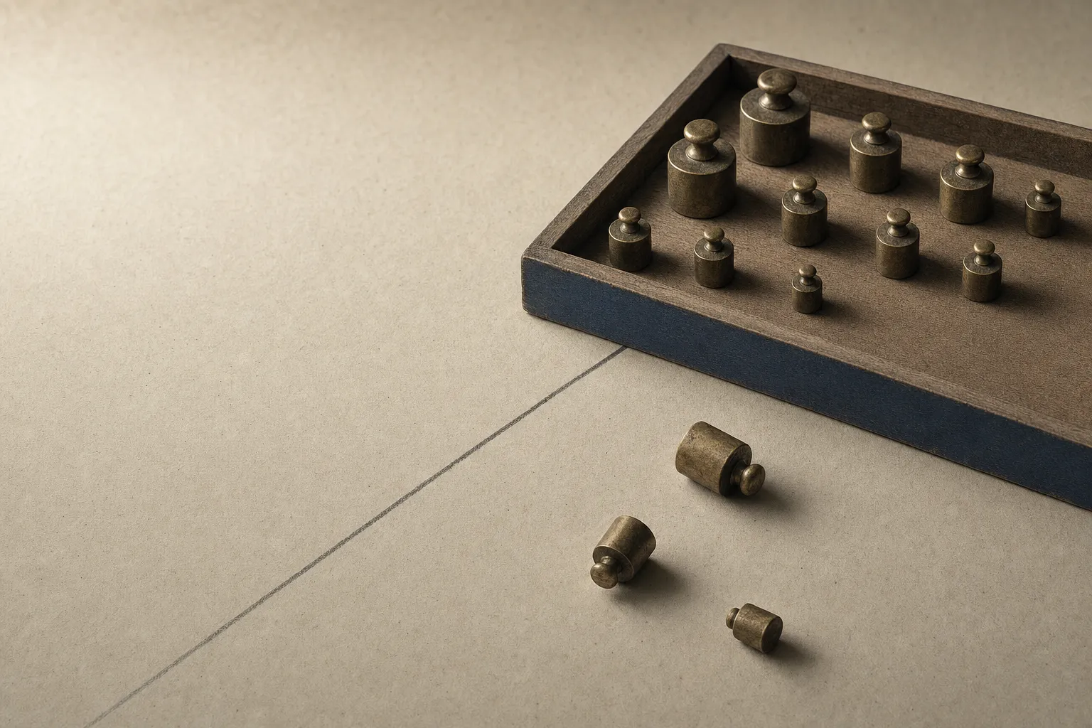 A shallow tray of small brass weights in loose ranks, with three tipped over and lying outside it on bare paper.