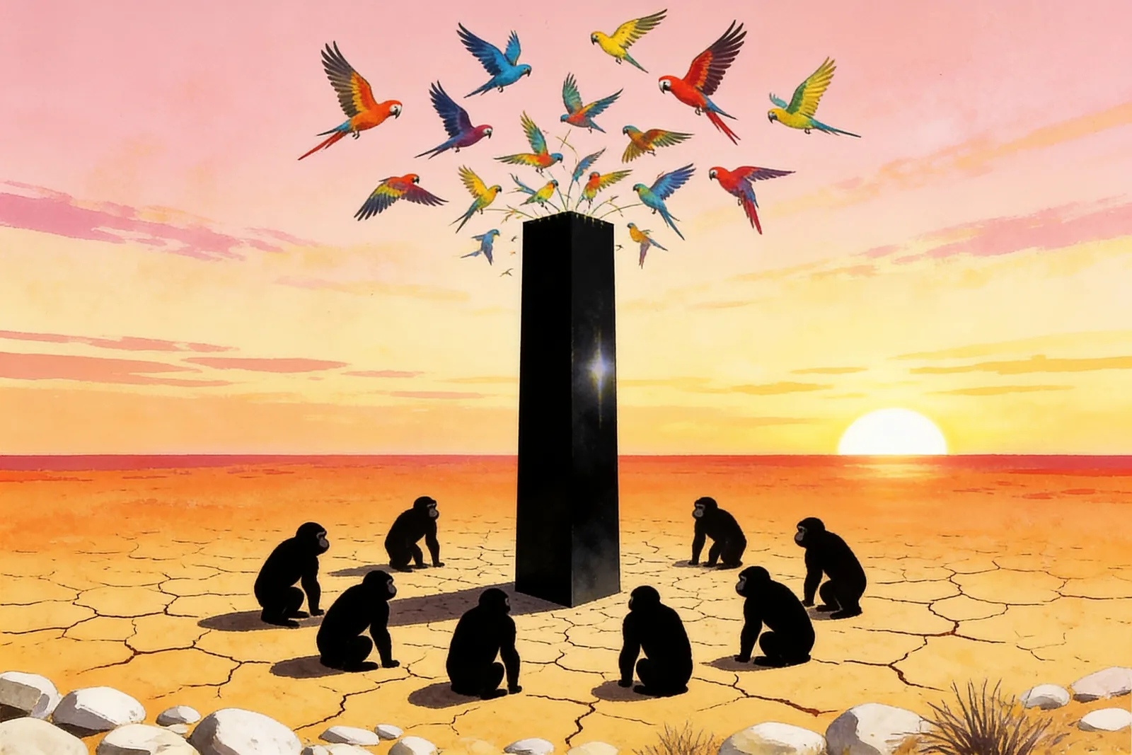 A black monolith standing in a painted dawn terrain, ringed by ape silhouettes, with brightly coloured parrots scattering upward off its top edge.