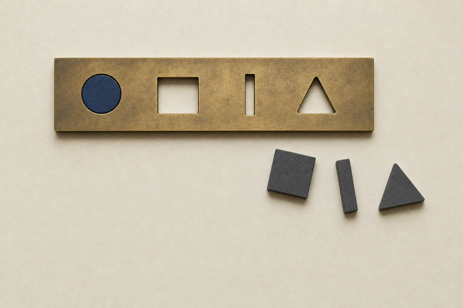 Seen from above, a brass plate with four differently shaped openings, one matching token seated flush in its opening and three lying loose beside it.