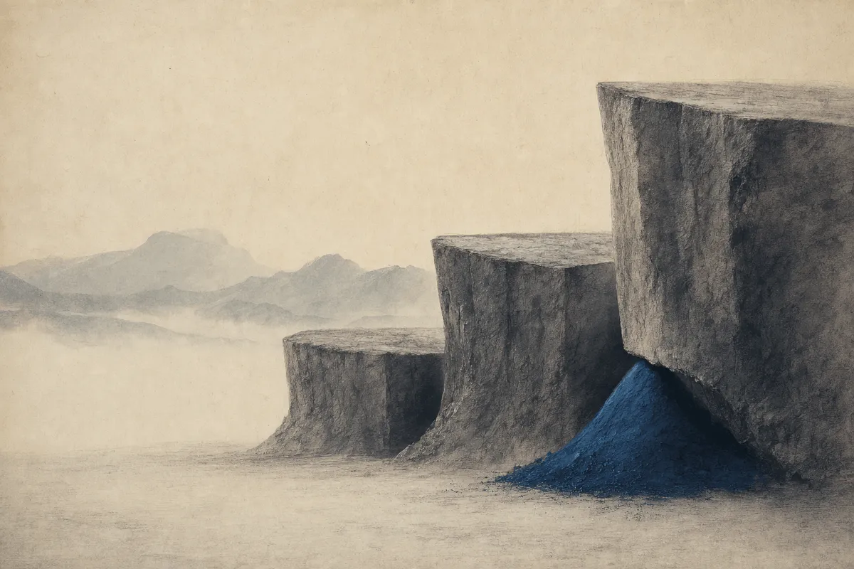 Three large plateau-like massifs across a cool terrain, with a small new mound rising and undercutting one.