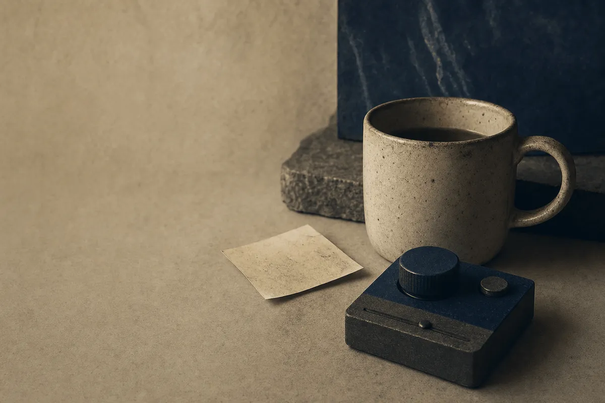 A quiet still life of a single mug, a sticky note, and a small tactile desktop object.