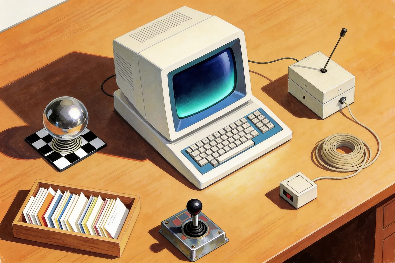 An overhead flat-lay of one retro computer surrounded by an arrangement of varied small home-made gadgets on a desk.