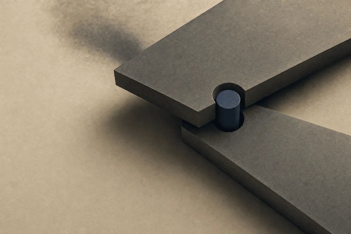 Two machined plates held in register by a single fitted pin, one plate beginning to shift while the pin holds the join.