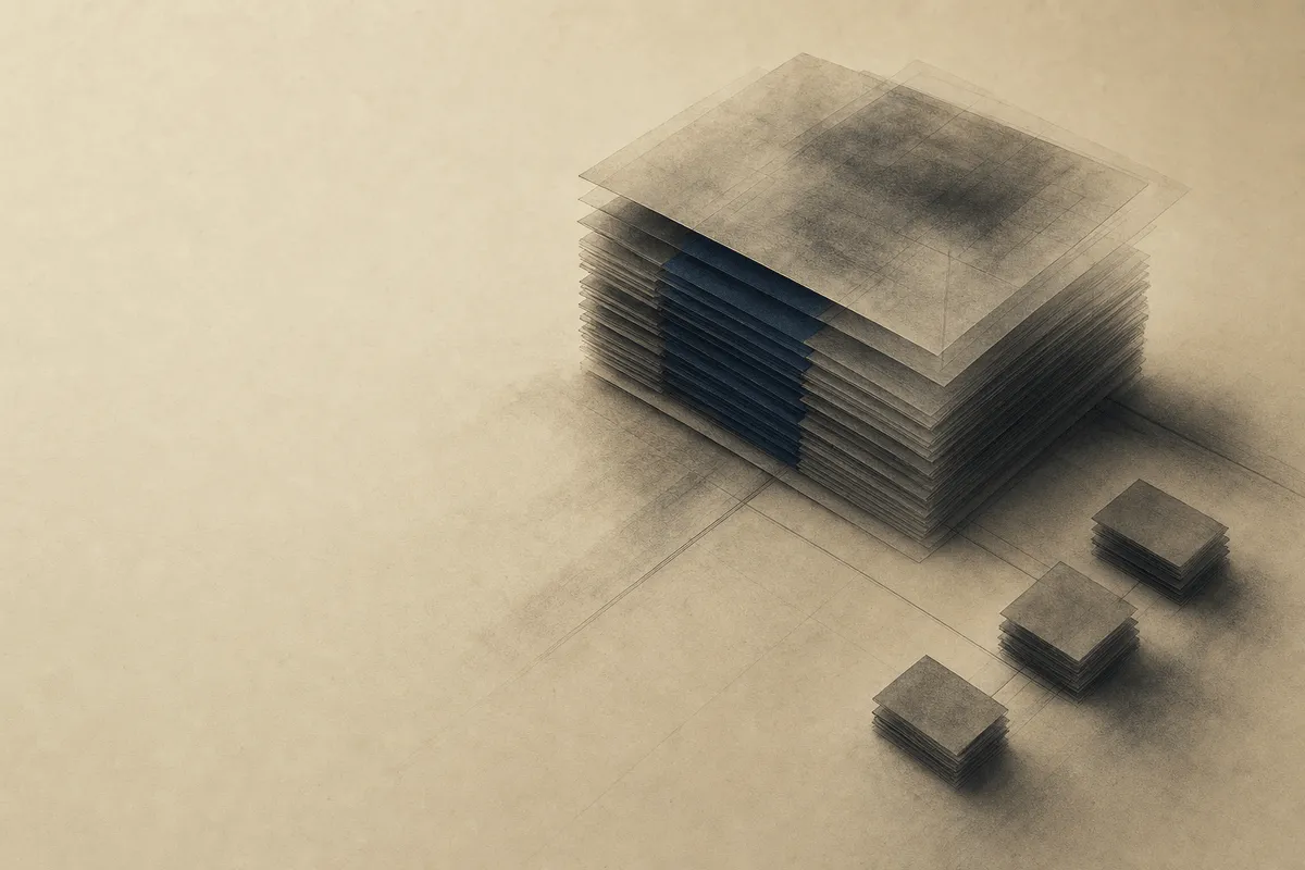 Many thin translucent sheets compressed into one dense block, with a few smaller separate blocks alongside.