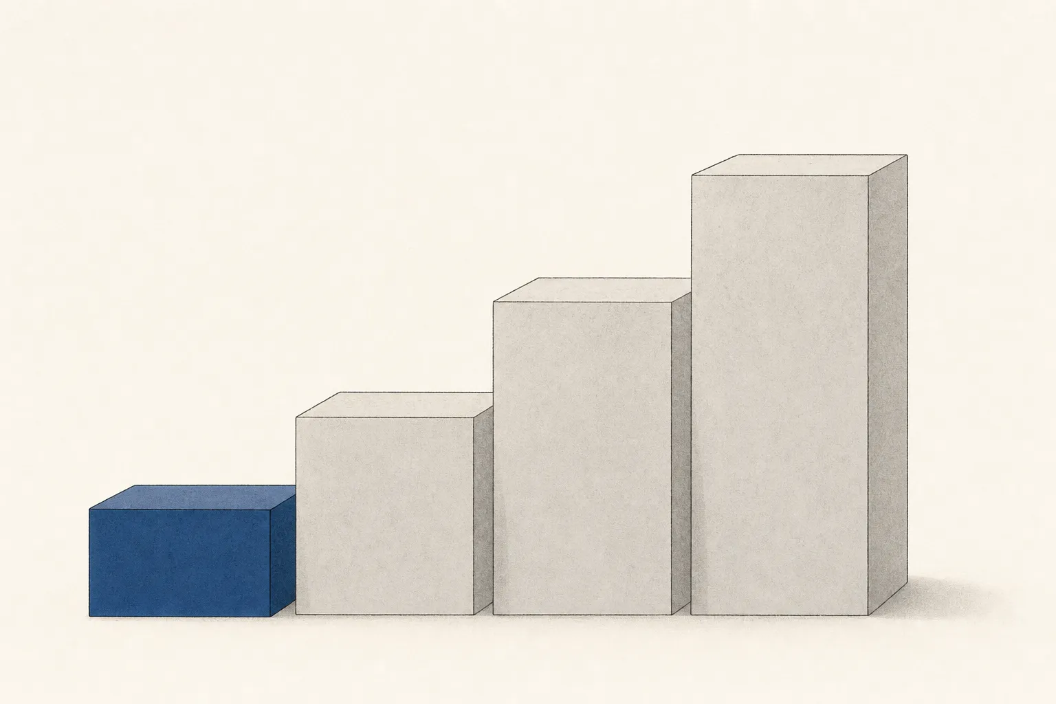 Four blocks rising left to right like ascending steps, each taller than the last, with the shortest leftmost step picked out in a darker tone.