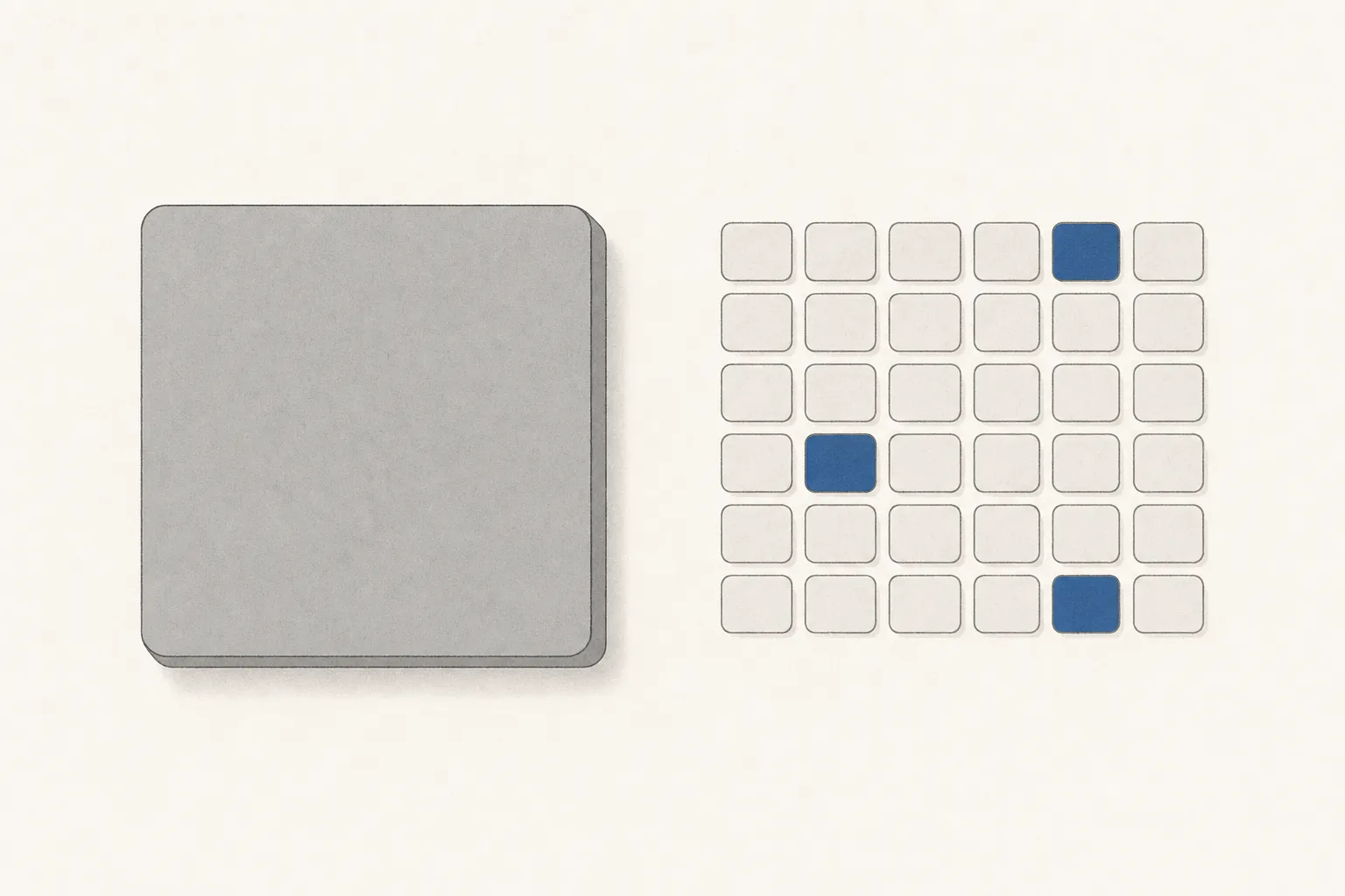 Left: a single solid rounded block, evenly shaded throughout. Right: a neat grid of many small identical modules, all faintly present but only two or three filled in.