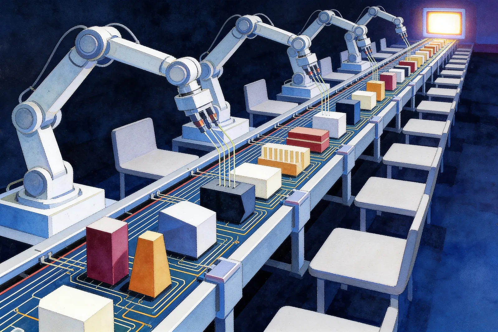 A retro computing magazine-style illustration of an automated factory line with empty workstations, where each product coming off the conveyor is a different shape and colour.