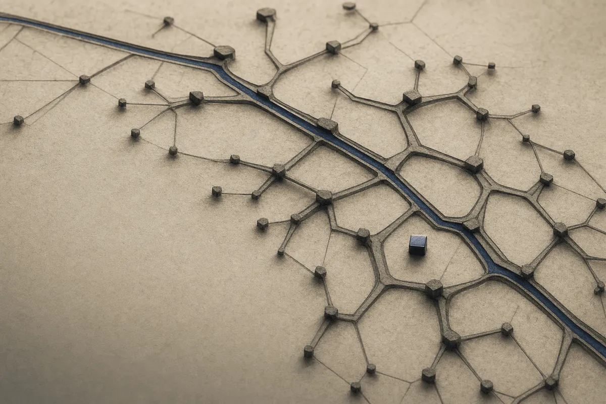 A broad branching network of fine channels with a single small polished block almost lost inside it.