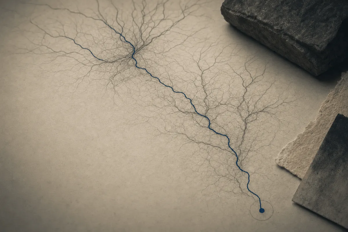 A faint branching network of graphite lines with one navy thread traced from a single endpoint back to its source.