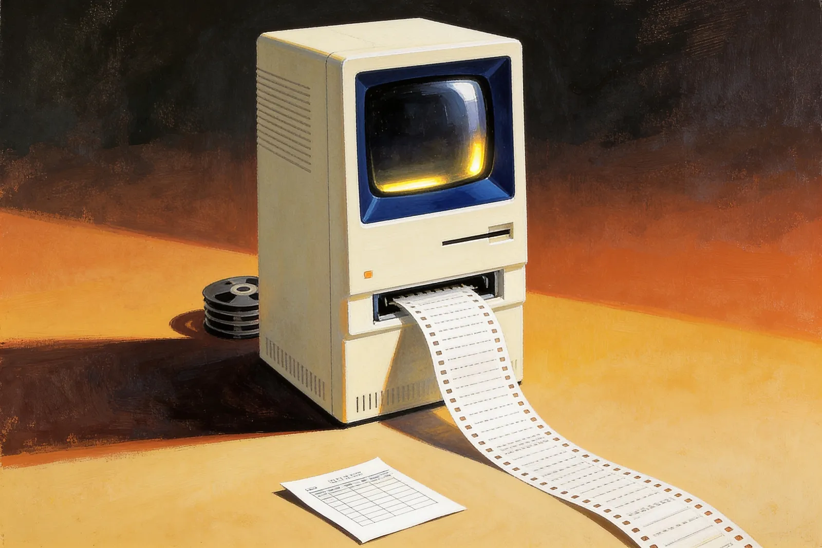 A lone retro data-processing console emitting one continuous unbroken ribbon of printout that runs the full width of the scene, from a stack of tape reels to a single finished report card.