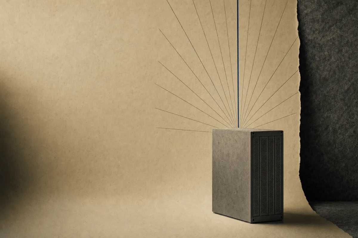 A plain grey control box on paper with faint graphite rays rising from it, suggesting an altar without drawing one.