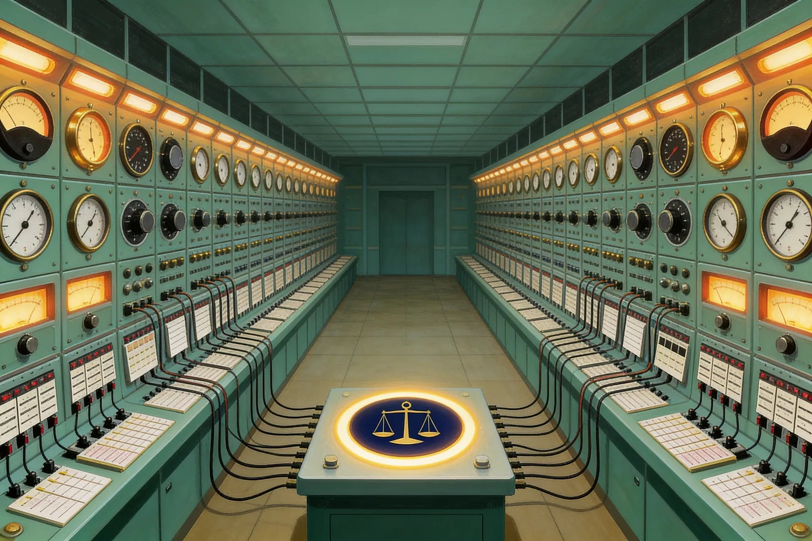A retro magazine illustration of an engineered control room from the 1930s reimagined, with a single monad insignia glowing above ranks of dials, no people deciding.