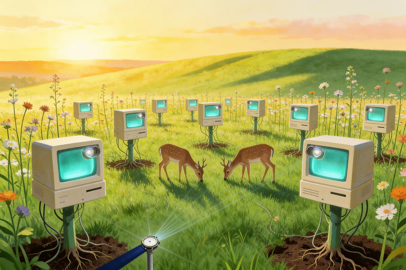 A retro computer-magazine pastoral: vintage computers planted like flowers in a sunlit meadow where deer graze, watched by small sensor-eyes and faint scanning beams.