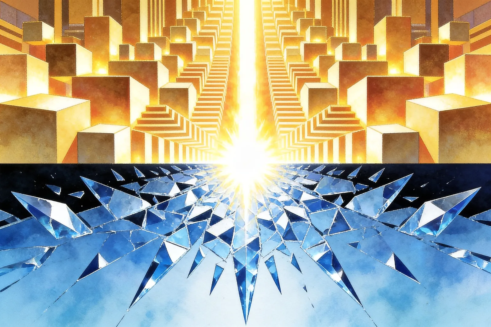 A retro magazine illustration of a single glowing seed or core splitting into two branching paths, one rising into radiant light, one descending into cold dark, both growing from the same root.