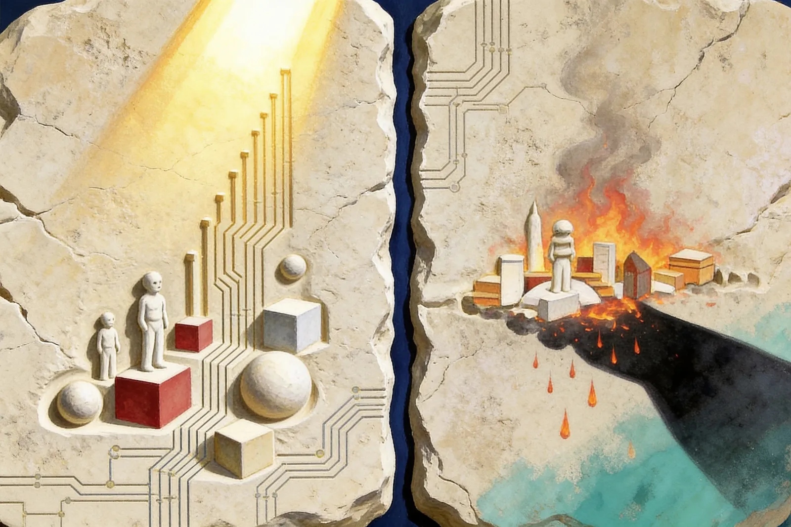 A retro magazine illustration of two ancient worn relief panels side by side, one showing radiant geometric ascent, one showing fire and ending, both carved in the same old stone.