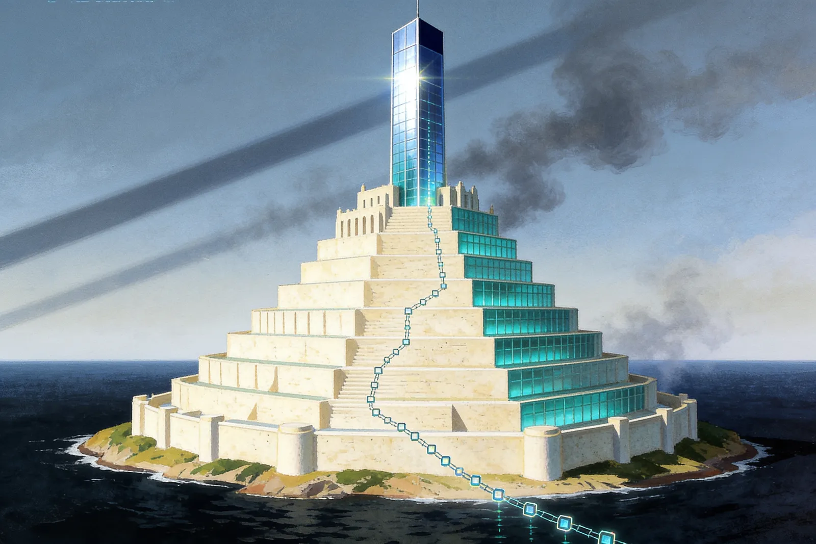 A single stepped corporate ziggurat tower rising from an island, terraces narrowing to a summit.