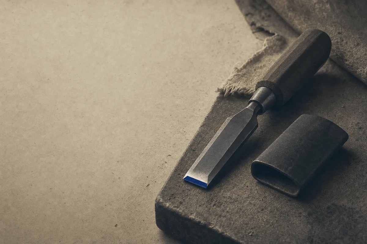 A single precise hand tool resting with its bright sharpened edge exposed beside a guard set aside.