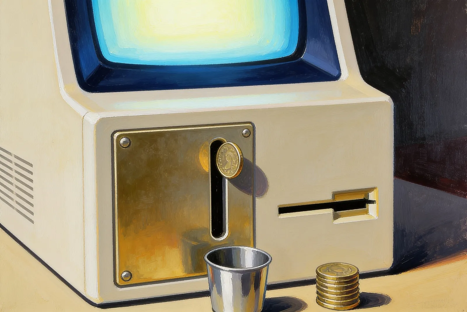 A retro computer with an arcade-style coin door in front, one coin half-swallowed into the vertical slot, and a neat stack of coins beside it.