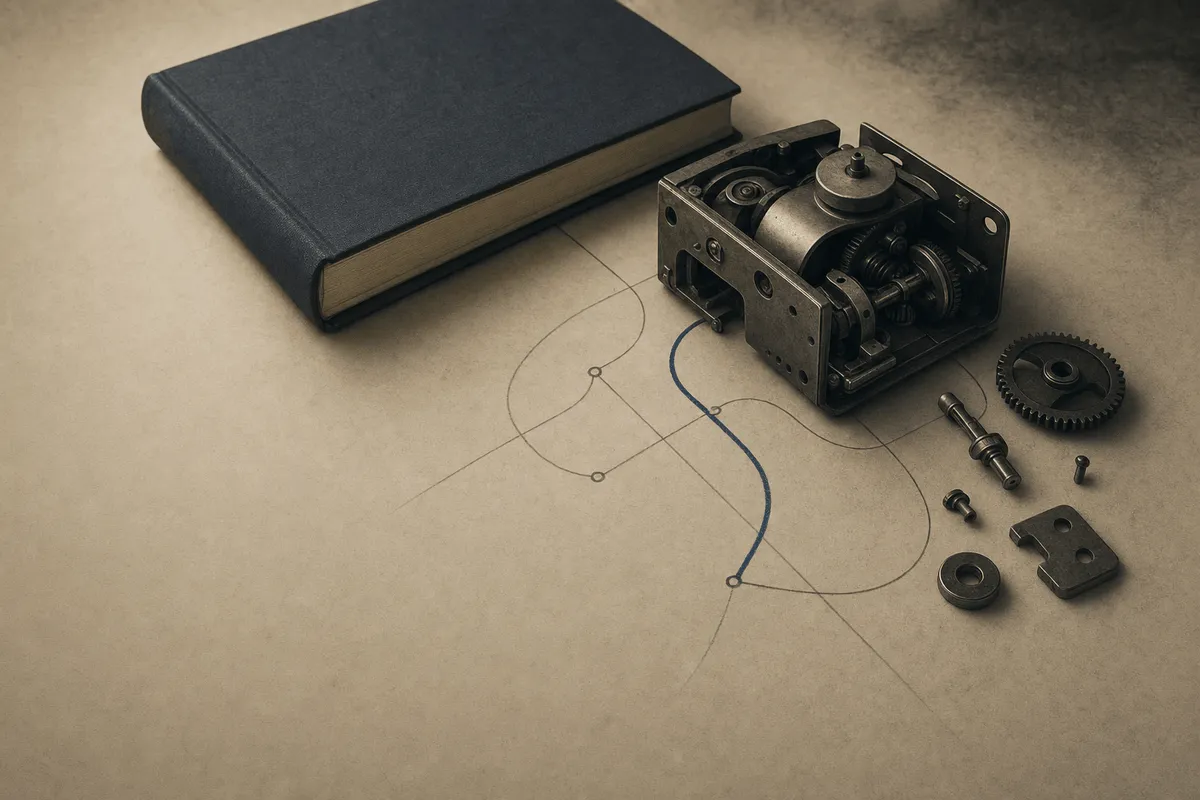 A closed reference manual set aside next to a small machine opened up to show its workings, with one connection traced in navy.