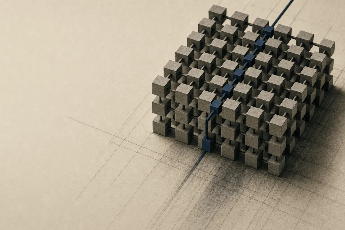 A precise orthogonal lattice of small cubes aligned on clean axes, one shared axis running true through it.