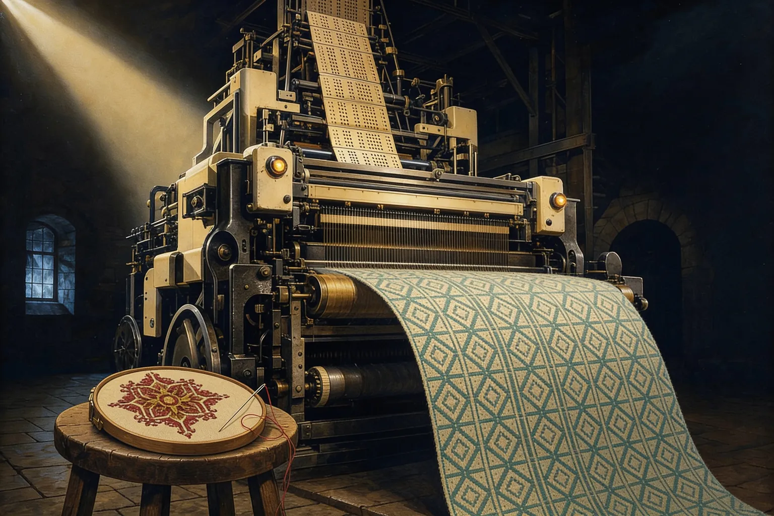 A chain of punched cards drives a monumental Jacquard loom weaving cloth with one motif repeated perfectly, while a small embroidery hoop nearby holds a single unique hand-stitched motif.