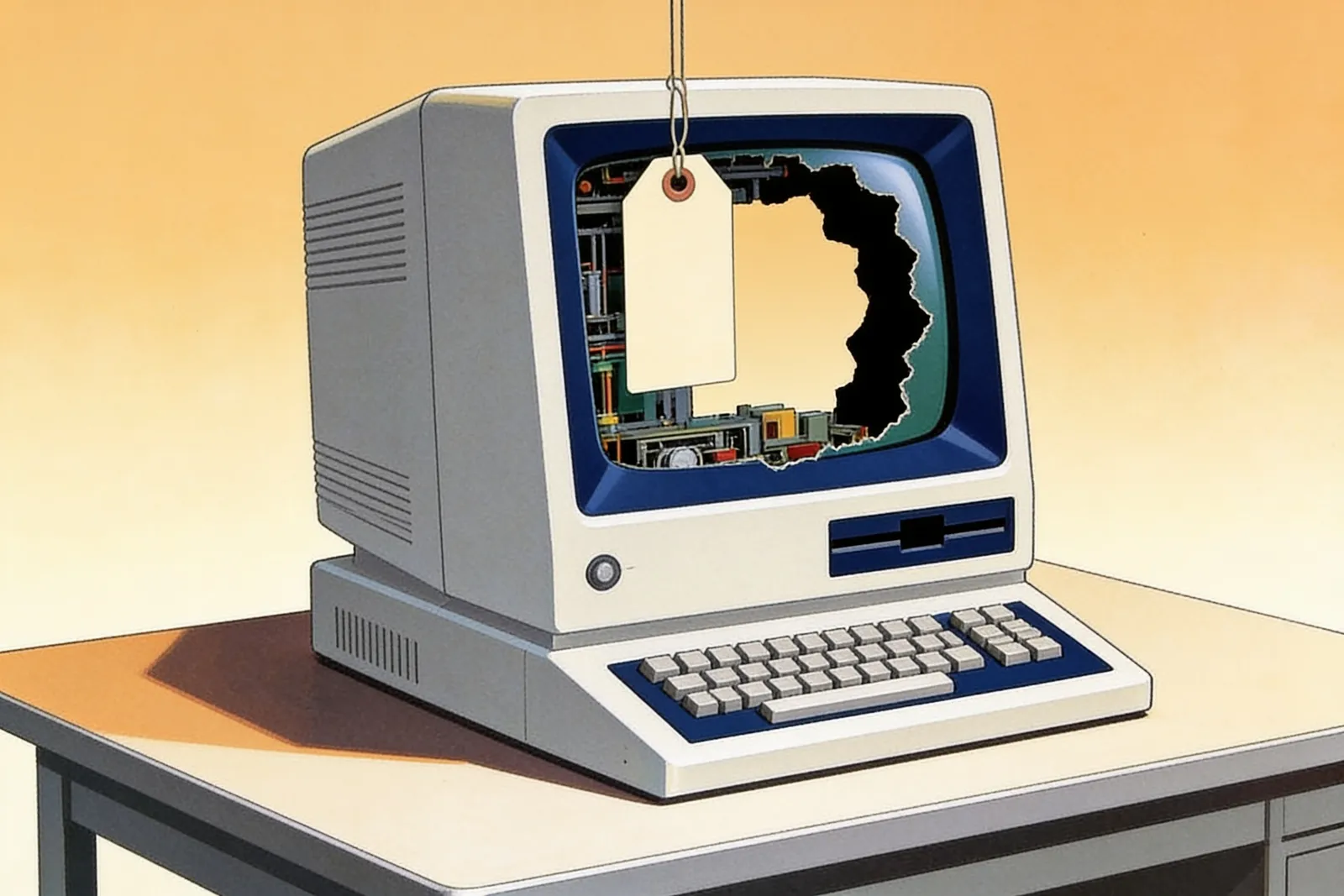 A custom-built machine with a price-tag-shaped section of its housing missing.
