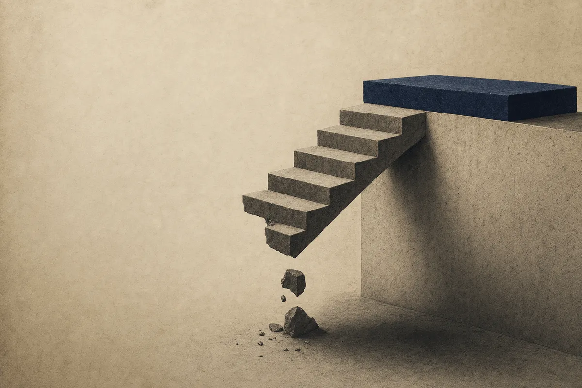 A stone staircase with its lower steps missing, rising to an intact elevated top platform.