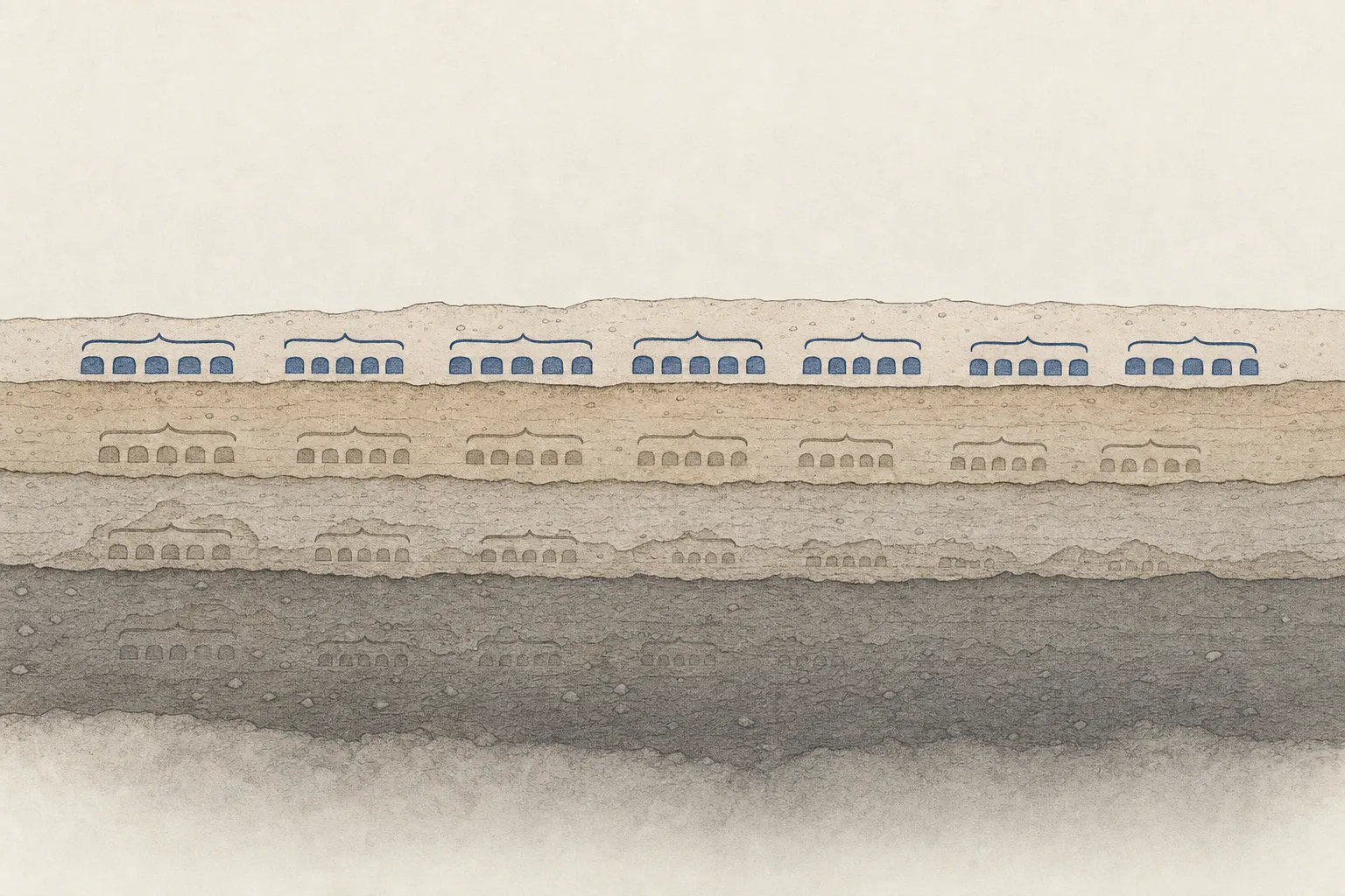 A cross-section of stacked sedimentary layers, each containing the same small coordination motif repeated at a different depth and scale.