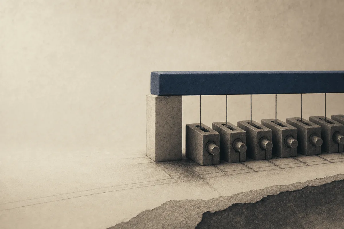 A single control rail resting above a row of near-identical blocks, joined by thin connector lines.