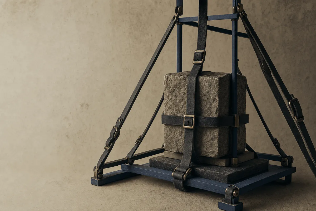 A framework of straps, buckles, and a light frame cradling and directing a single modest central block.
