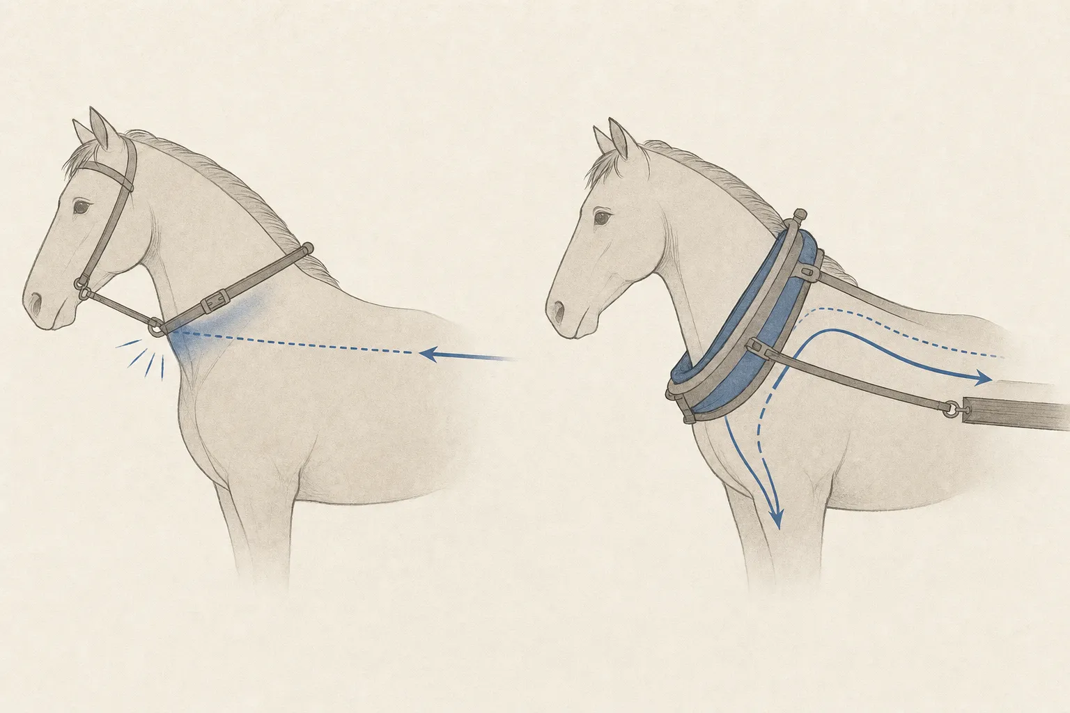 Two side-by-side historical harness concepts: a throat strap that constrains a horse and a padded collar that transfers load through the shoulders.