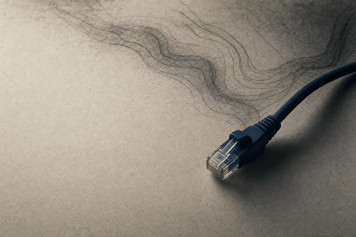 An unplugged network cable resting on a paper-grey surface, its connector catching a faint navy highlight.