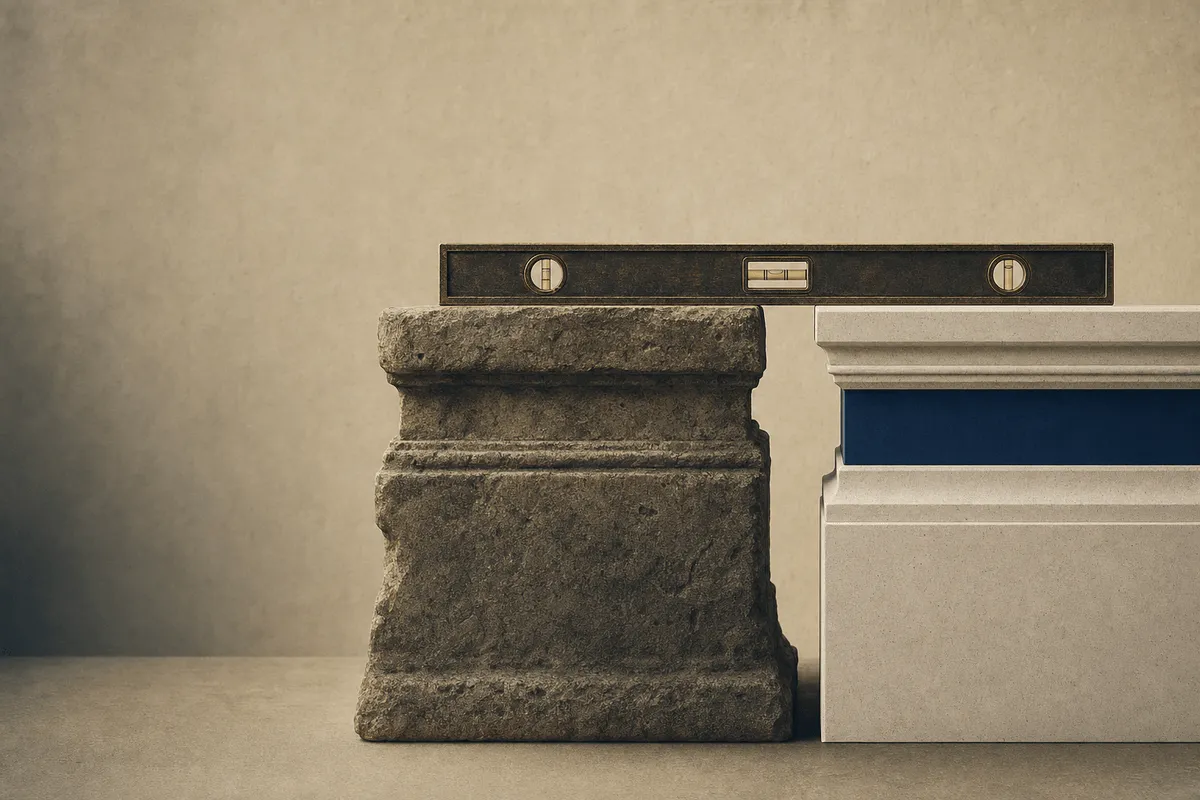 Two plinths of different eras set side by side with a single fine level laid across both.