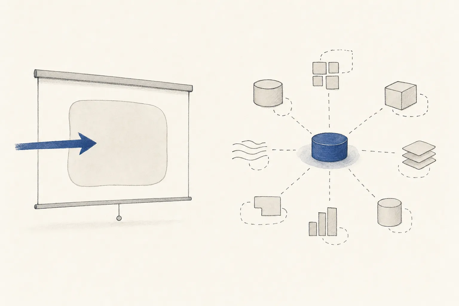 A meeting-room projection showing a single empty placeholder shape in the centre with one arrow pointing at it, contrasted with a quieter sketch of data spread across several smaller homes.