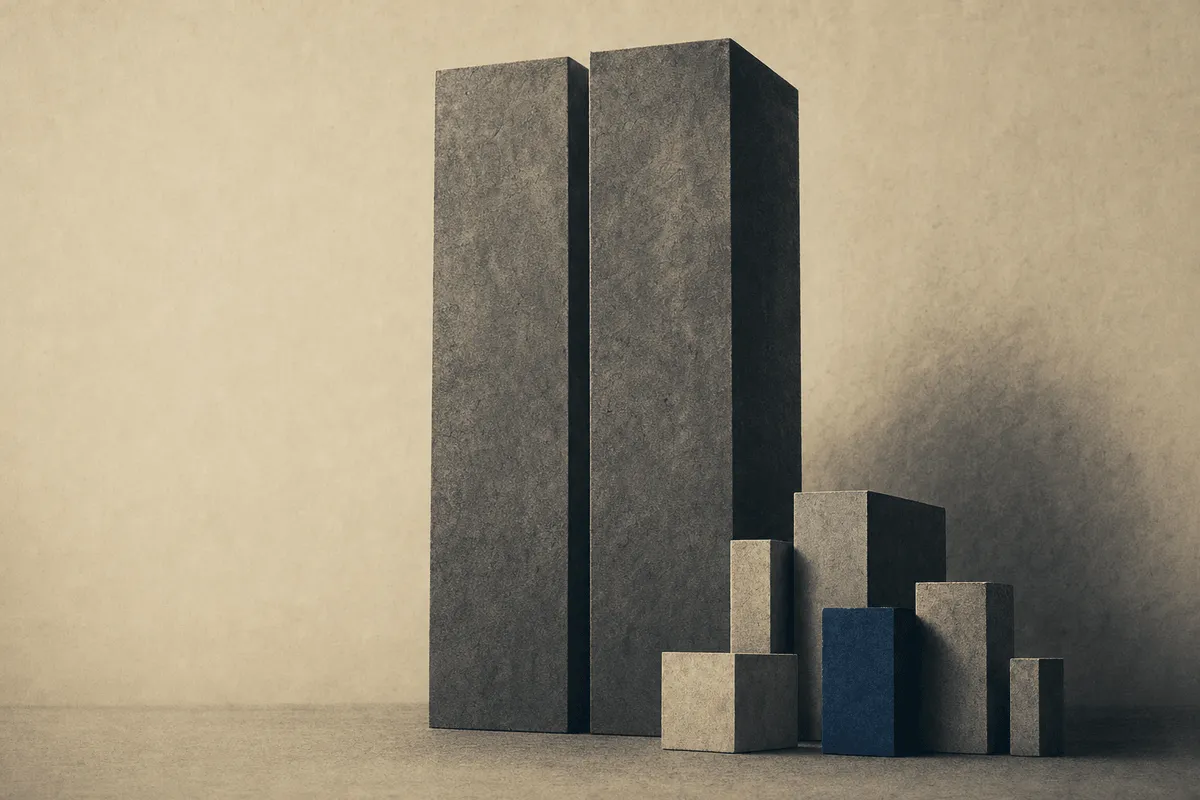 Two large twin monoliths dominating the centre, with several smaller capable blocks standing beside them.