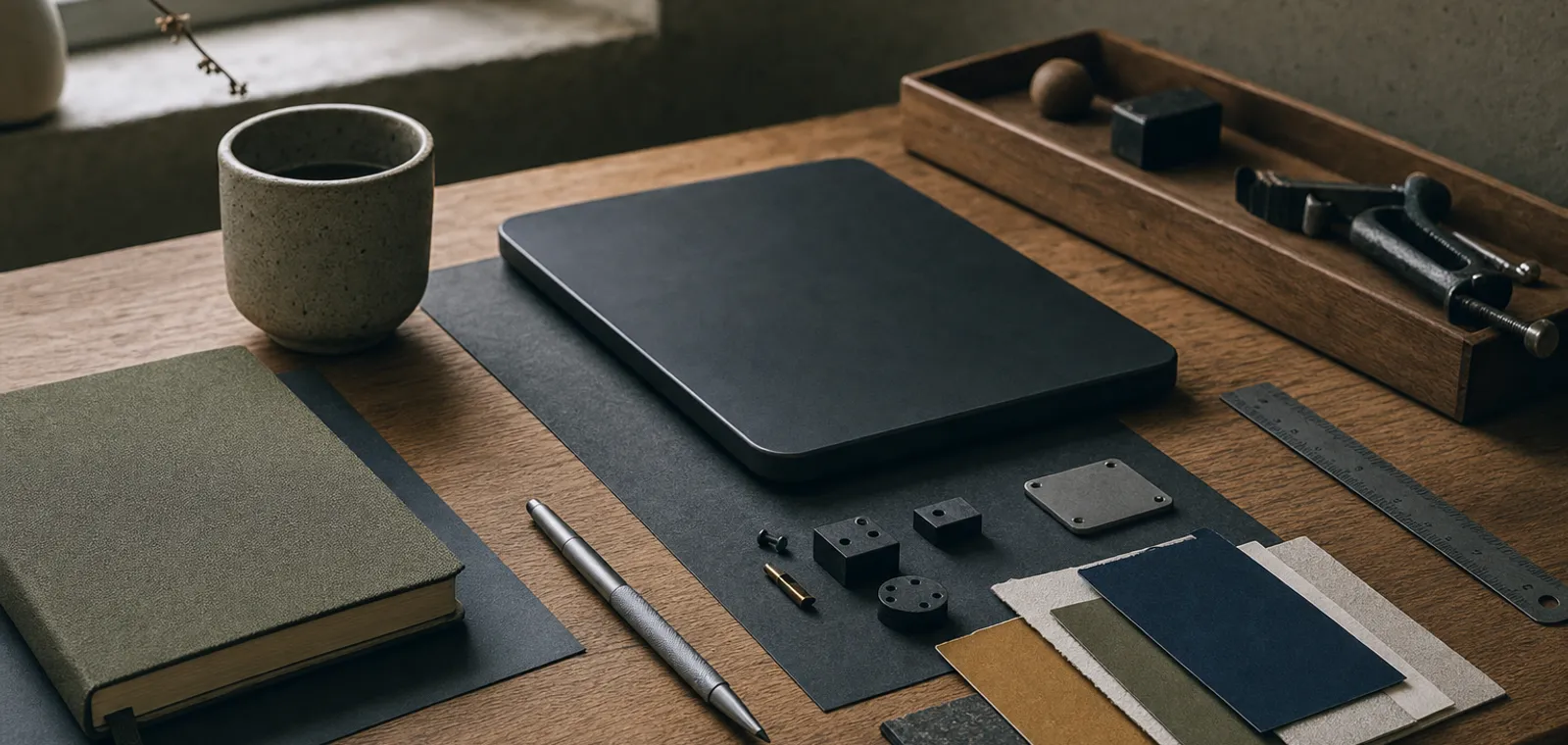 A quiet still life of a maker's desk: a dark device, small components, a notebook, and a coffee cup in warm light