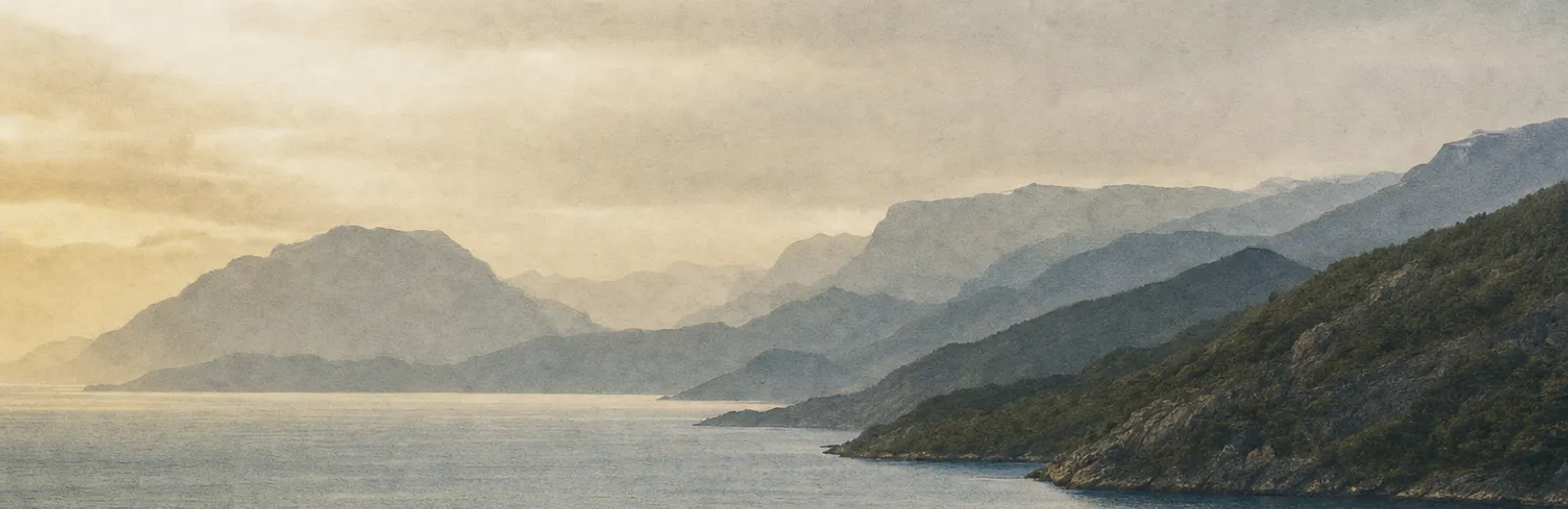 A calm, layered Nordic fjord horizon under soft overcast light