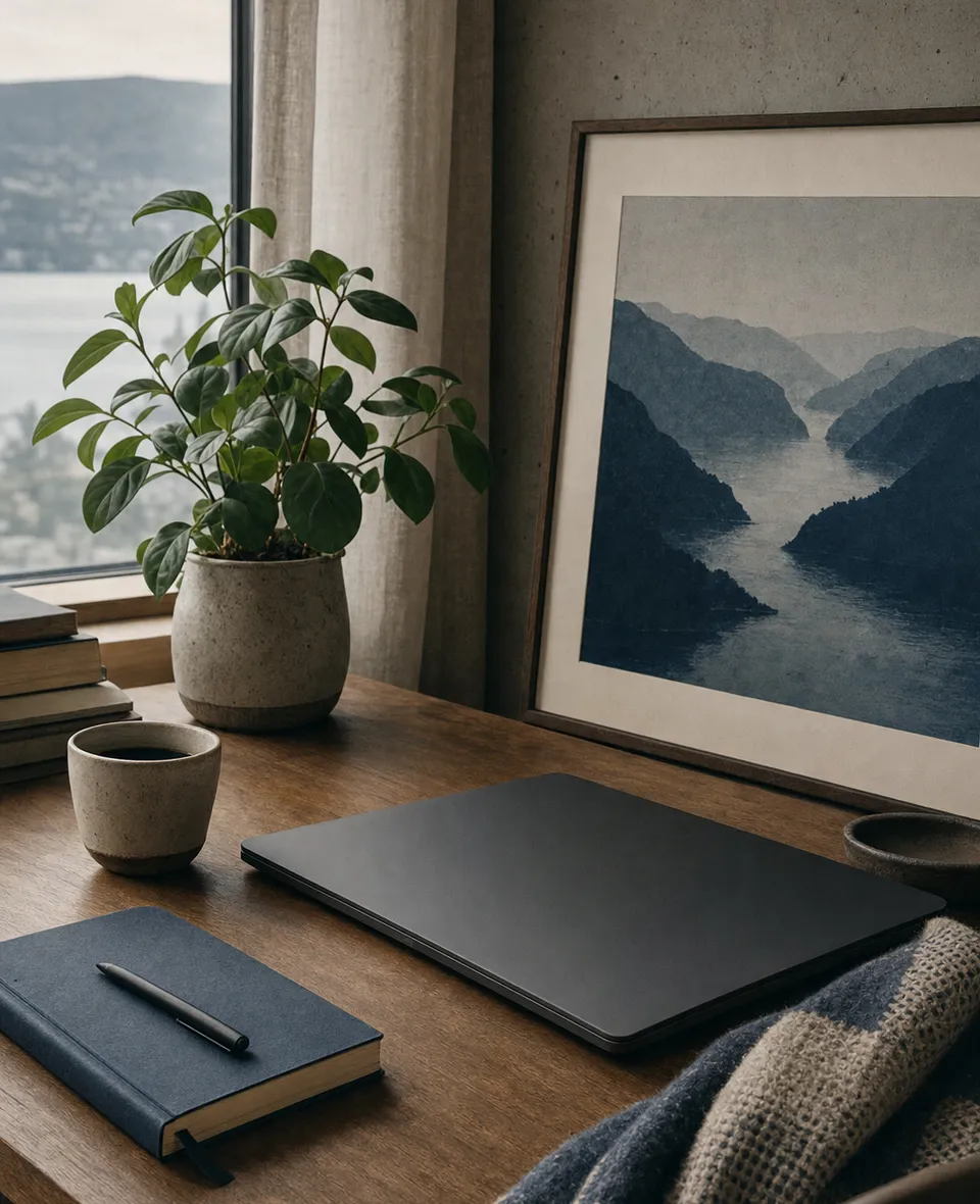 A warm Drammen and Oslo workspace with a laptop, plant, notebook, and coffee