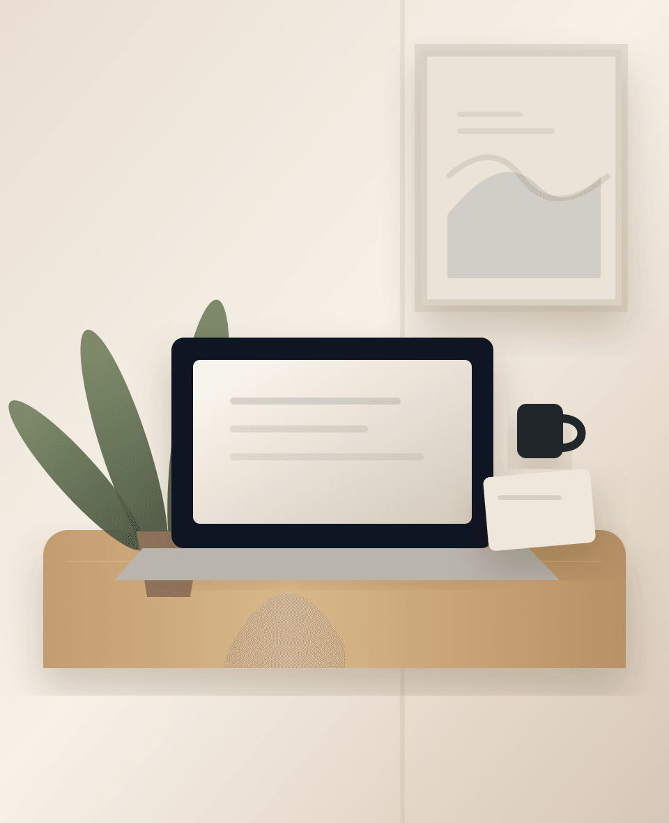 A warm Drammen and Oslo workspace with a laptop, plant, notebook, and coffee